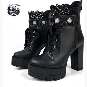 Platform Combat Booties Lace Up Ankle Boots with Zipper Chunky Heel